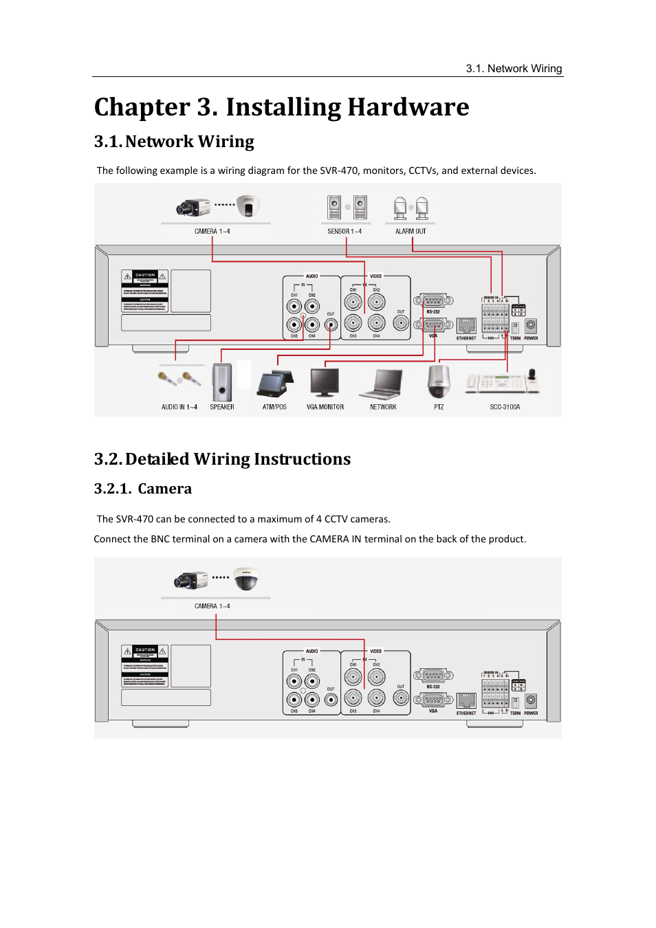 Network wiring, Detailed wiring instructions, Chapter 3 | Installing hardware, Camera, Chapter 3. installing hardware | Samsung SVR-470 User Manual | Page 18 / 84