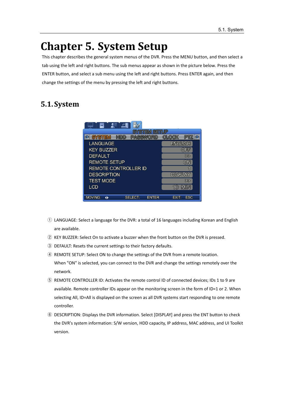 System, Chapter 5, System setup | Chapter 5. system setup | Samsung SVR-470 User Manual | Page 30 / 84