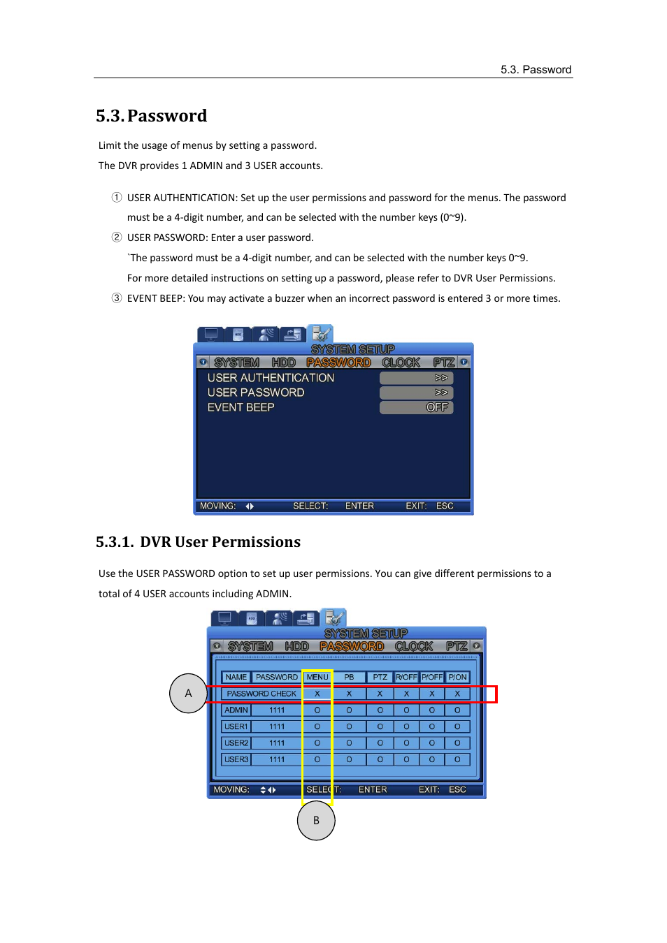 Password, Dvr user permissions | Samsung SVR-470 User Manual | Page 32 / 84