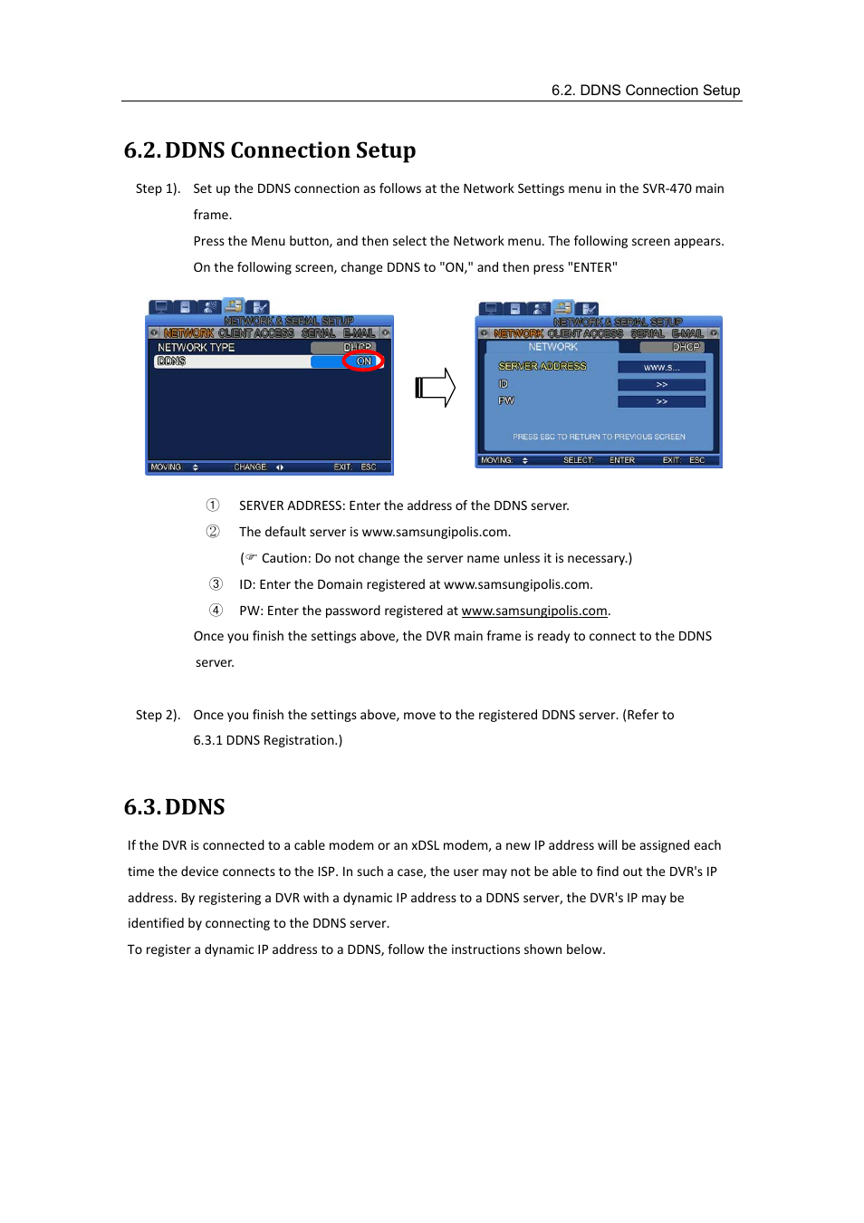 Ddns connection setup, Ddns | Samsung SVR-470 User Manual | Page 37 / 84