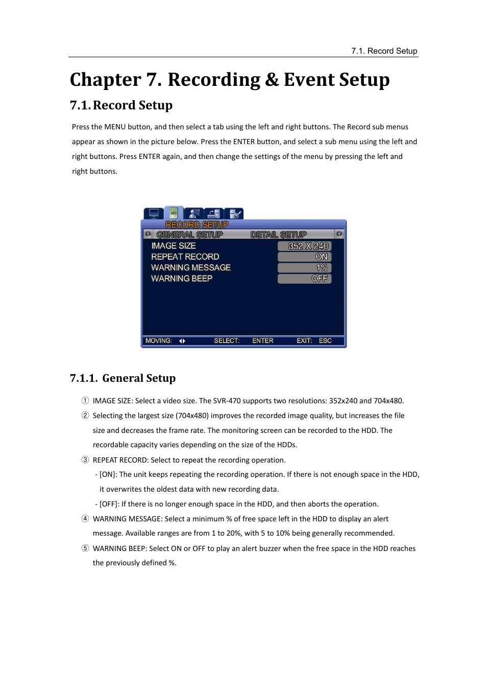 Record setup, Chapter 7, Recording & event setup | General setup, Chapter 7. recording & event setup | Samsung SVR-470 User Manual | Page 44 / 84