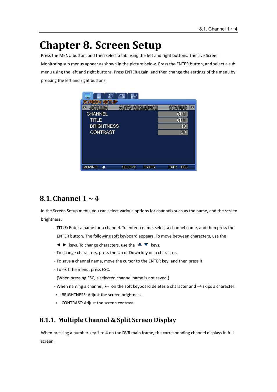 Channel 1 ~ 4, Chapter 8, Screen setup | Multiple channel & split screen display, Chapter 8. screen setup | Samsung SVR-470 User Manual | Page 52 / 84