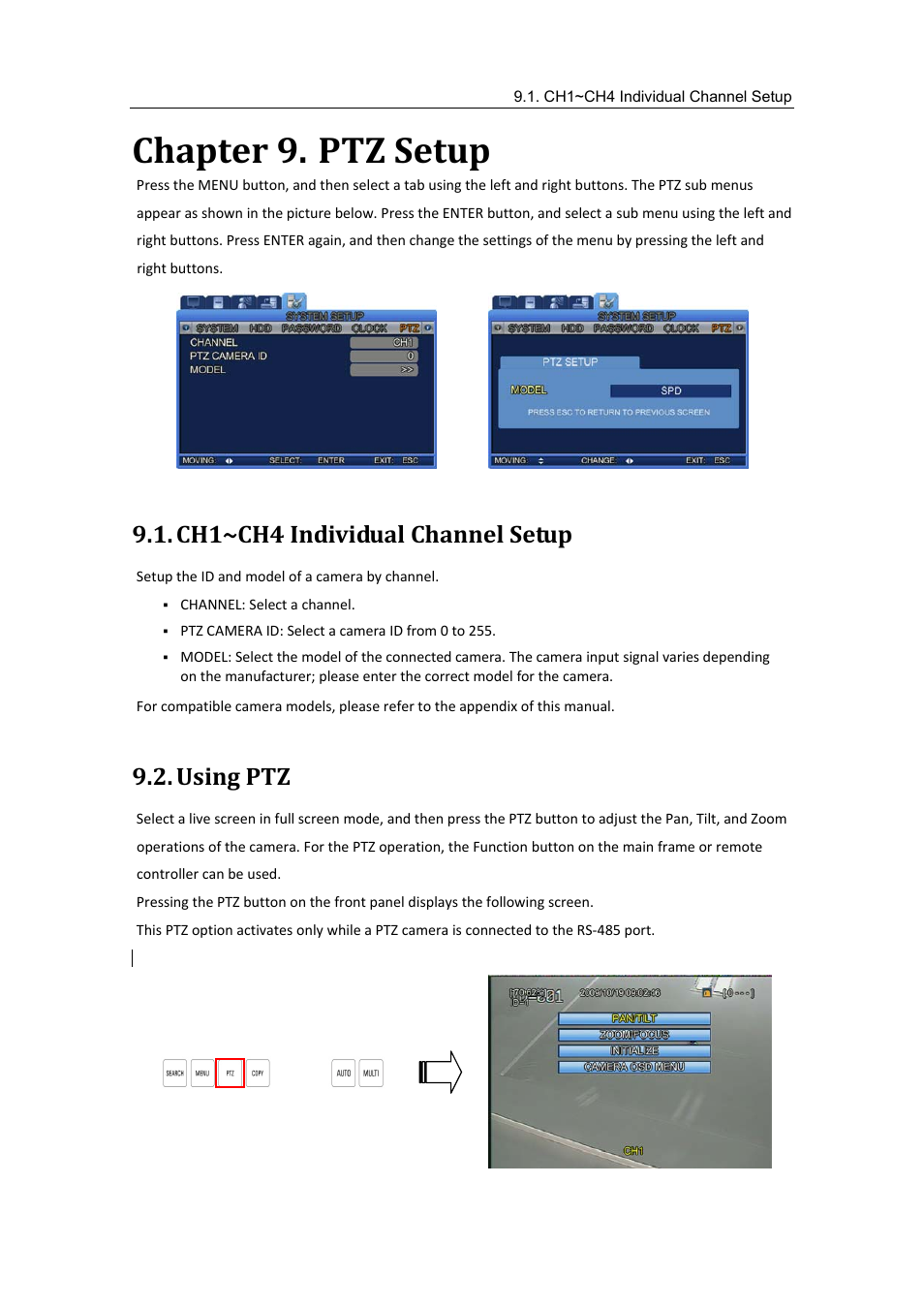 Ch1~ch4 individual channel setup, Using ptz, Chapter 9 | Ptz setup, Chapter 9. ptz setup | Samsung SVR-470 User Manual | Page 56 / 84
