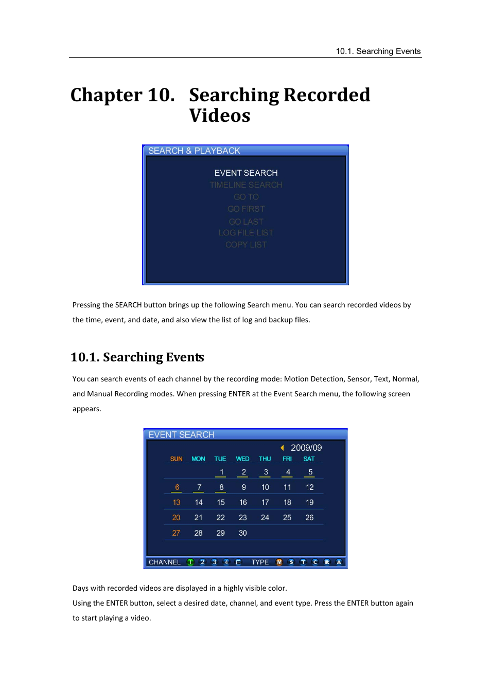 Searching events, Chapter 10, Searching recorded videos | Chapter 10. searching recorded videos | Samsung SVR-470 User Manual | Page 58 / 84