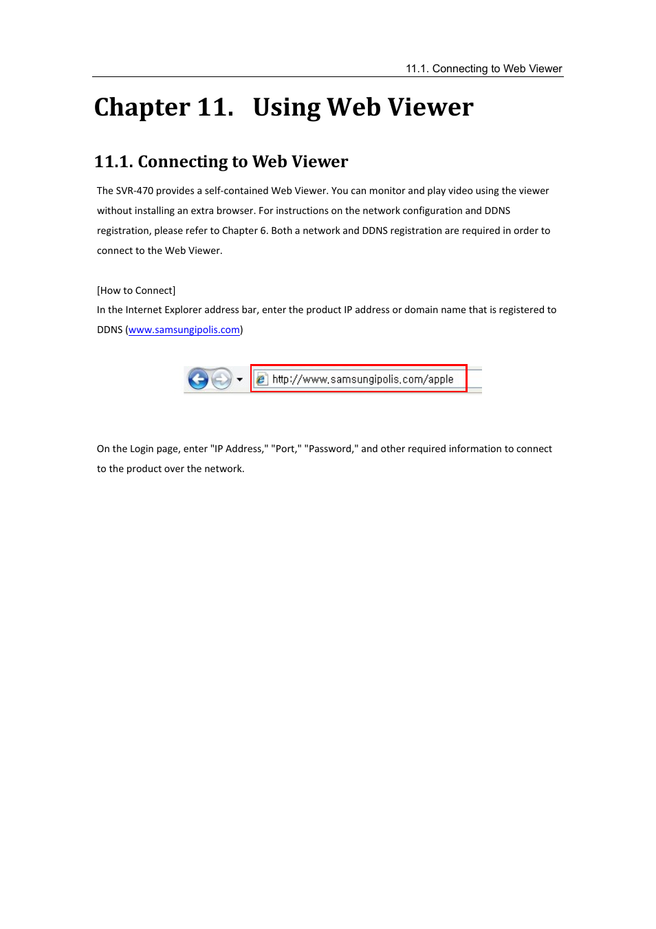 Connecting to web viewer, Chapter 11, Using web viewer | Chapter 11. using web viewer | Samsung SVR-470 User Manual | Page 64 / 84