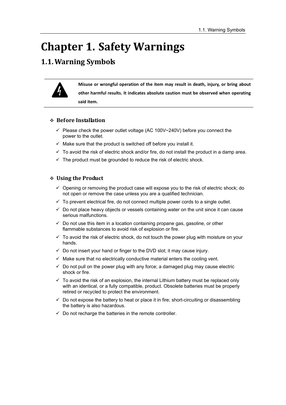 Warning symbols, Chapter 1, Safety warnings | Chapter 1. safety warnings | Samsung SVR-470 User Manual | Page 8 / 84