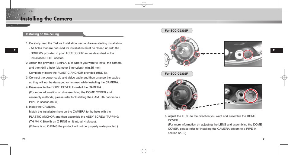 Installing the camera | Samsung SCC-C9302(F)P User Manual | Page 11 / 29