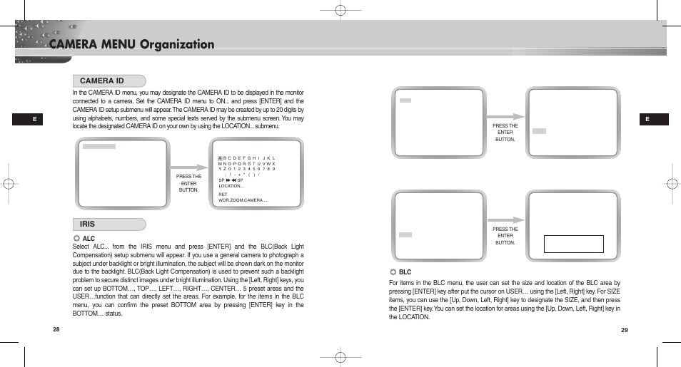 Camera menu organization, Camera id, Iris | Samsung SCC-C9302(F)P User Manual | Page 15 / 29