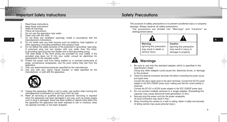 Important safety instructions safety precautions, Warnings | Samsung SCC-C9302(F)P User Manual | Page 2 / 29