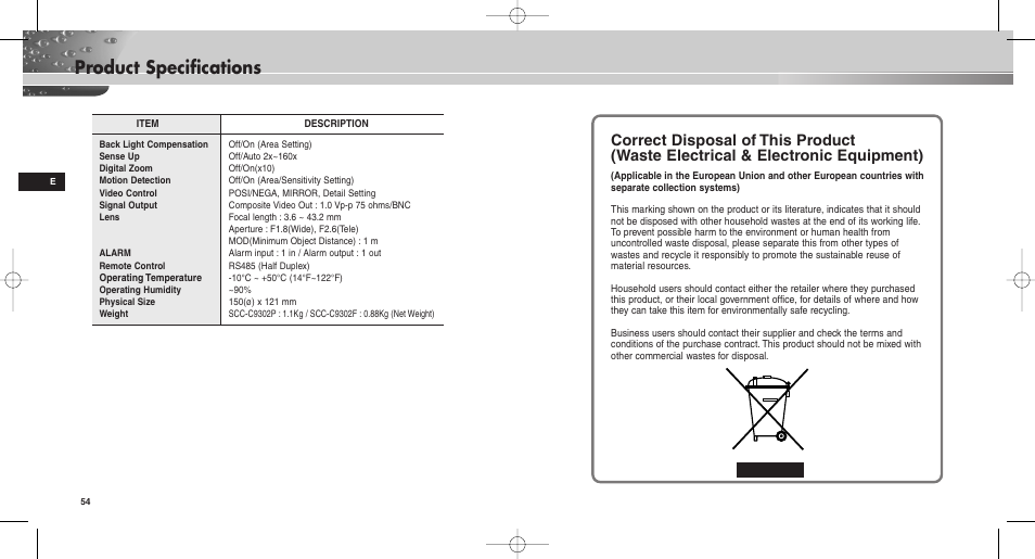 Product specifications | Samsung SCC-C9302(F)P User Manual | Page 28 / 29