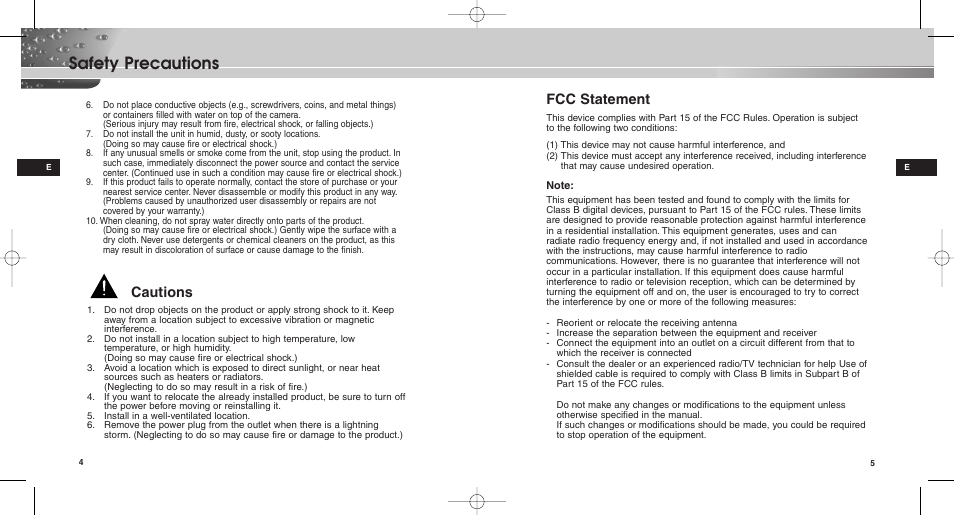 Safety precautions, Cautions, Fcc statement | Samsung SCC-C9302(F)P User Manual | Page 3 / 29
