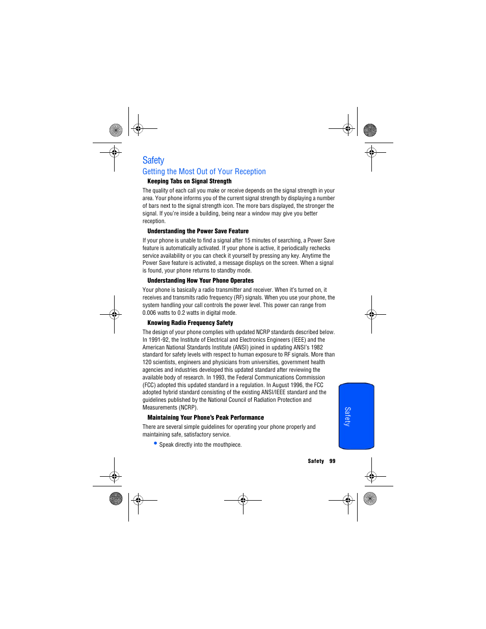 Safety, Getting the most out of your reception | Samsung SPH-M560 User Manual | Page 105 / 117