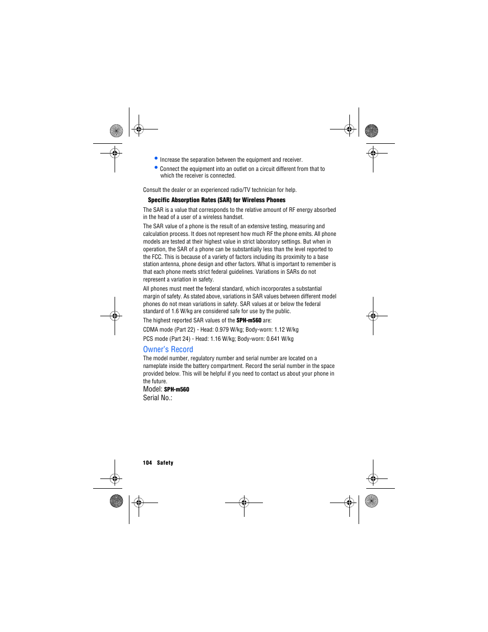 Owner’s record | Samsung SPH-M560 User Manual | Page 110 / 117