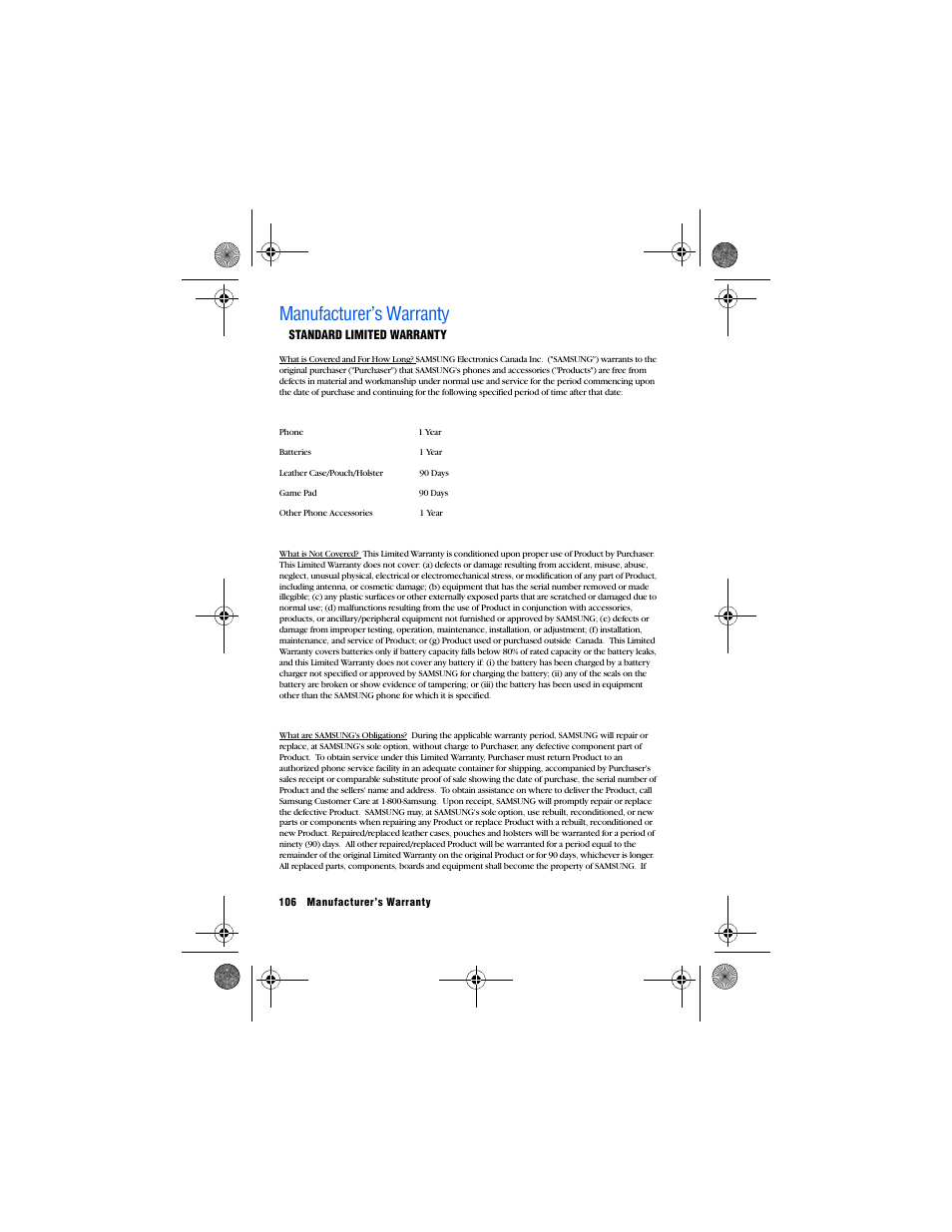 Manufacturer’s warranty | Samsung SPH-M560 User Manual | Page 112 / 117