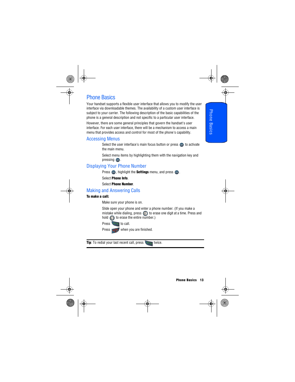 Phone basics, Accessing menus, Displaying your phone number | Making and answering calls | Samsung SPH-M560 User Manual | Page 19 / 117