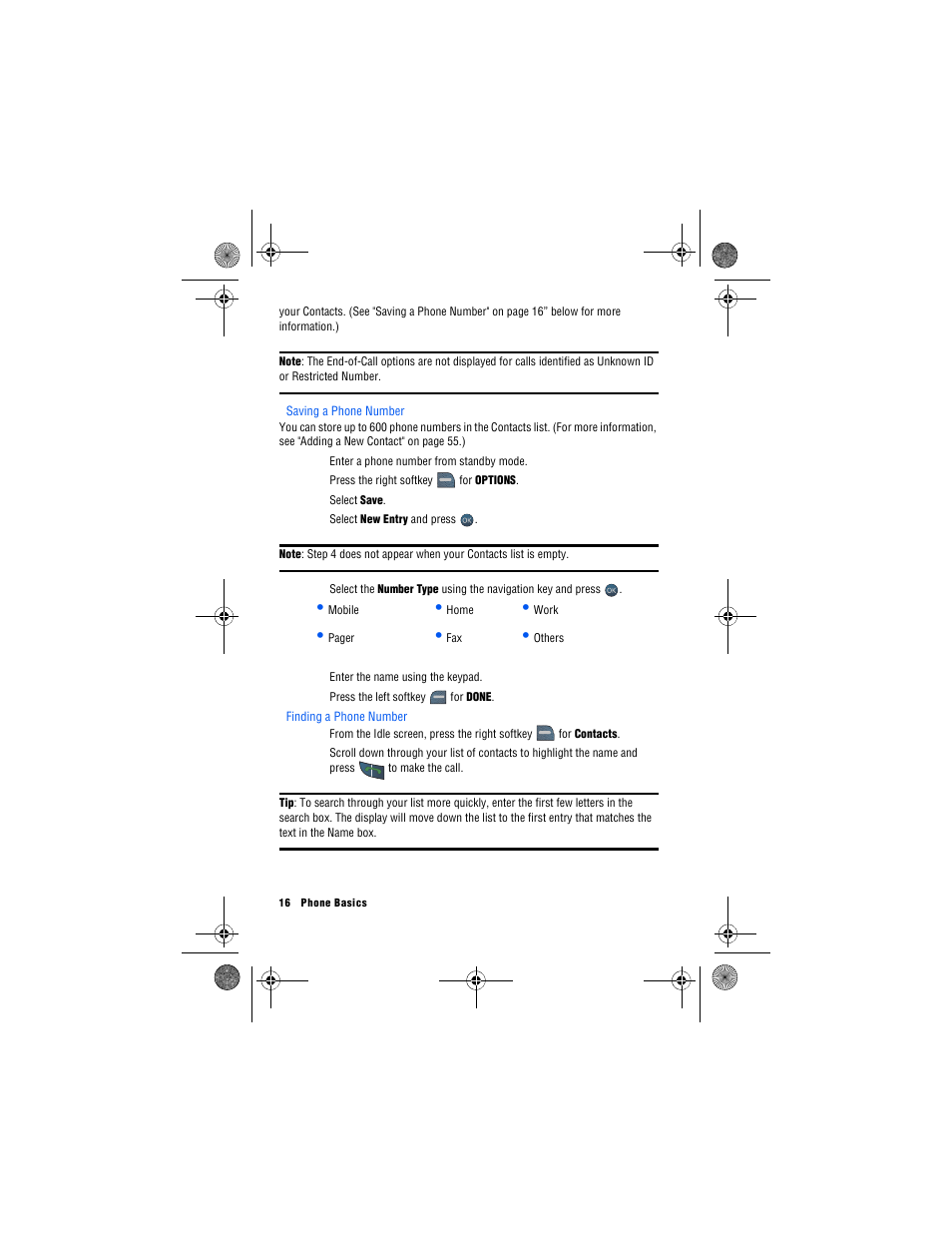 Saving a phone number, Finding a phone number | Samsung SPH-M560 User Manual | Page 22 / 117