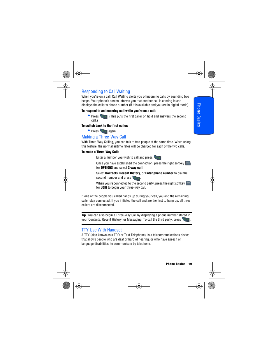 Responding to call waiting, Making a three-way call, Tty use with handset | Samsung SPH-M560 User Manual | Page 25 / 117
