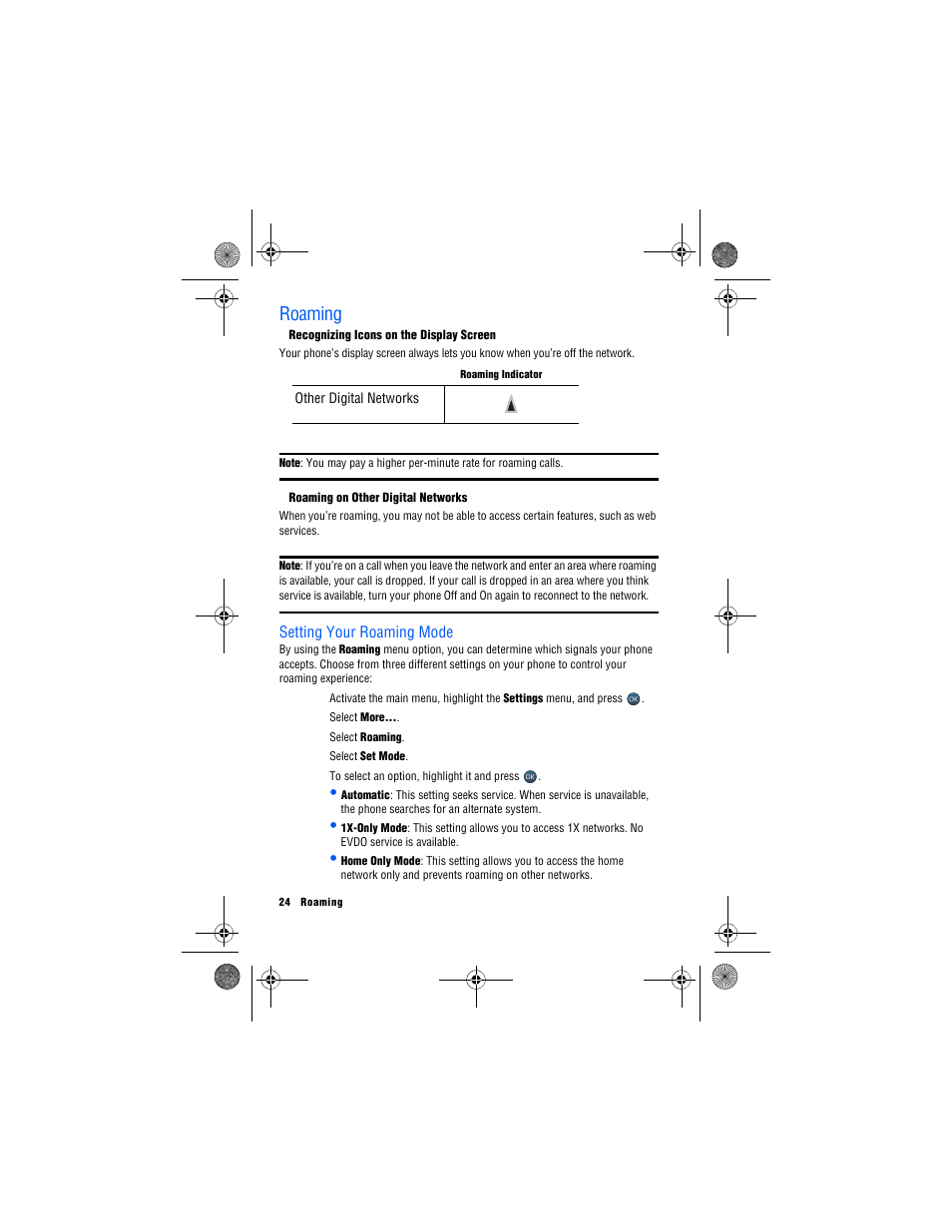 Roaming, Setting your roaming mode | Samsung SPH-M560 User Manual | Page 30 / 117