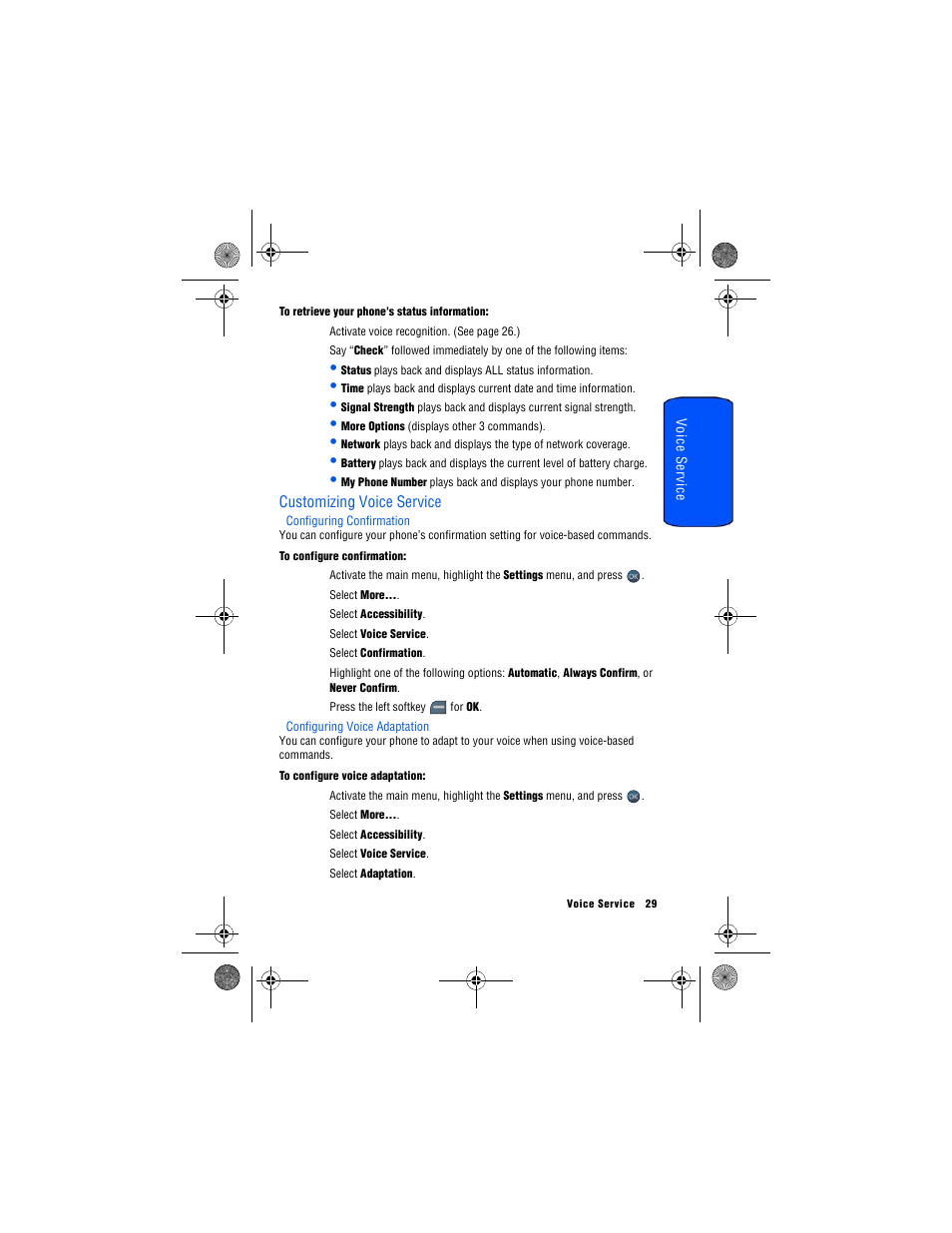 Customizing voice service, Configuring confirmation, Configuring voice adaptation | Samsung SPH-M560 User Manual | Page 35 / 117