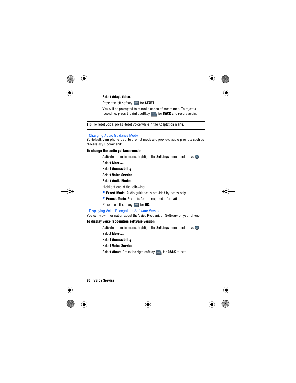 Changing audio guidance mode, Displaying voice recognition software version | Samsung SPH-M560 User Manual | Page 36 / 117