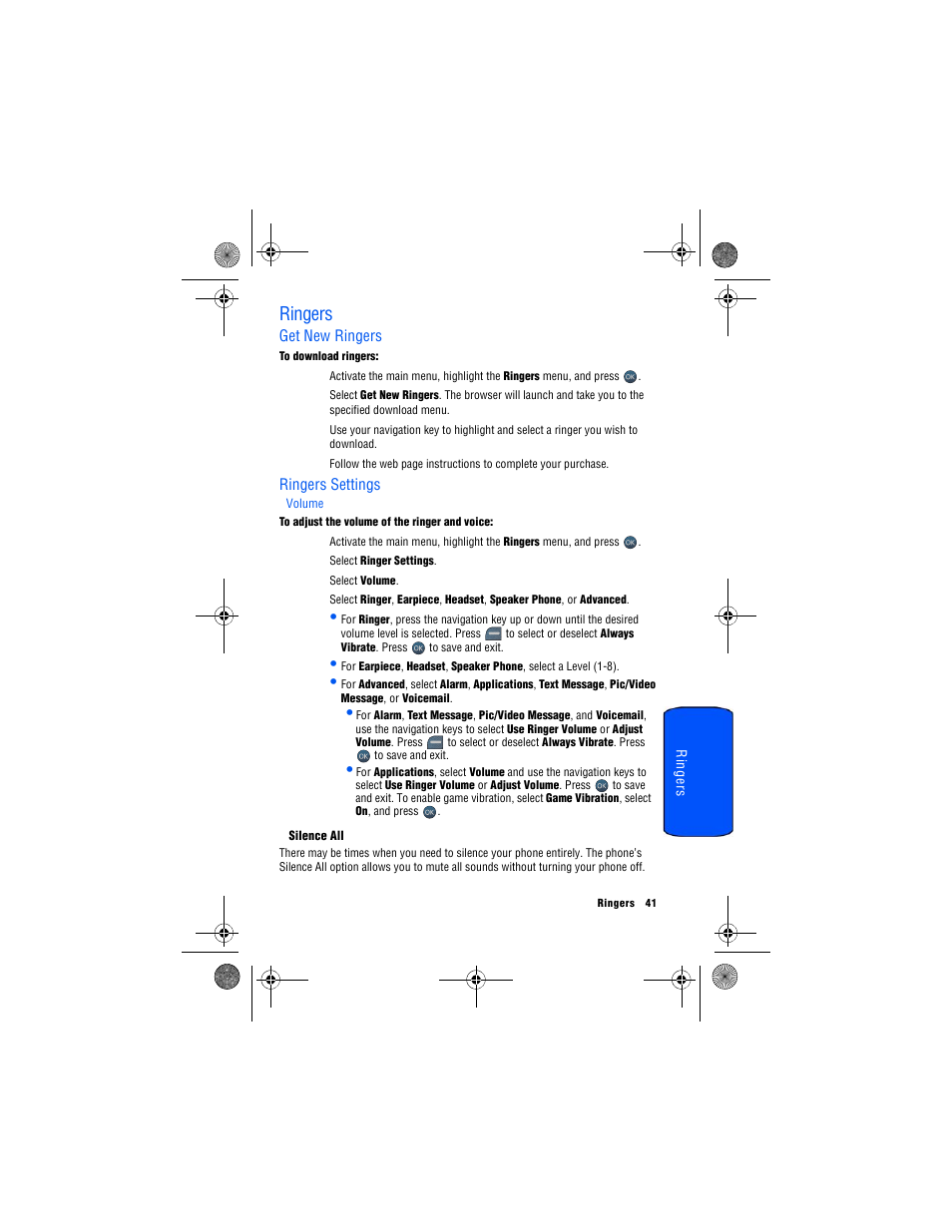 Ringers, Get new ringers, Ringers settings | Volume | Samsung SPH-M560 User Manual | Page 47 / 117