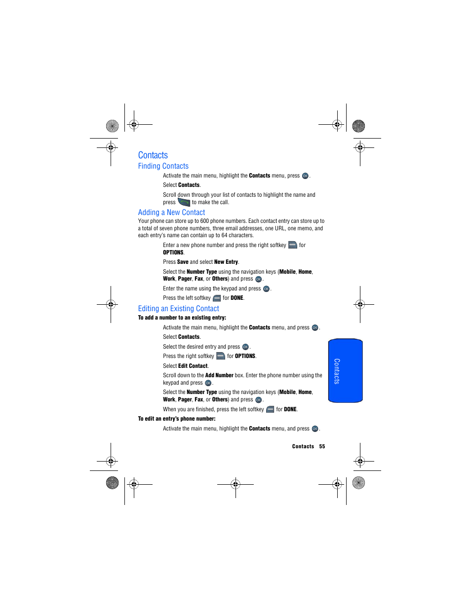 Contacts, Finding contacts, Adding a new contact | Editing an existing contact | Samsung SPH-M560 User Manual | Page 61 / 117