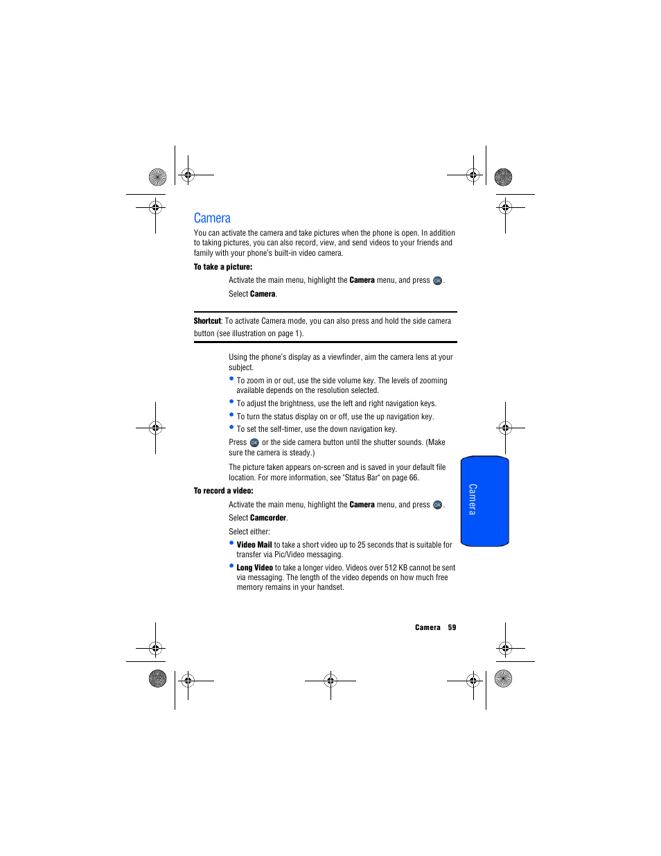 Camera, E "camera" on, E "to | E "to record a | Samsung SPH-M560 User Manual | Page 65 / 117