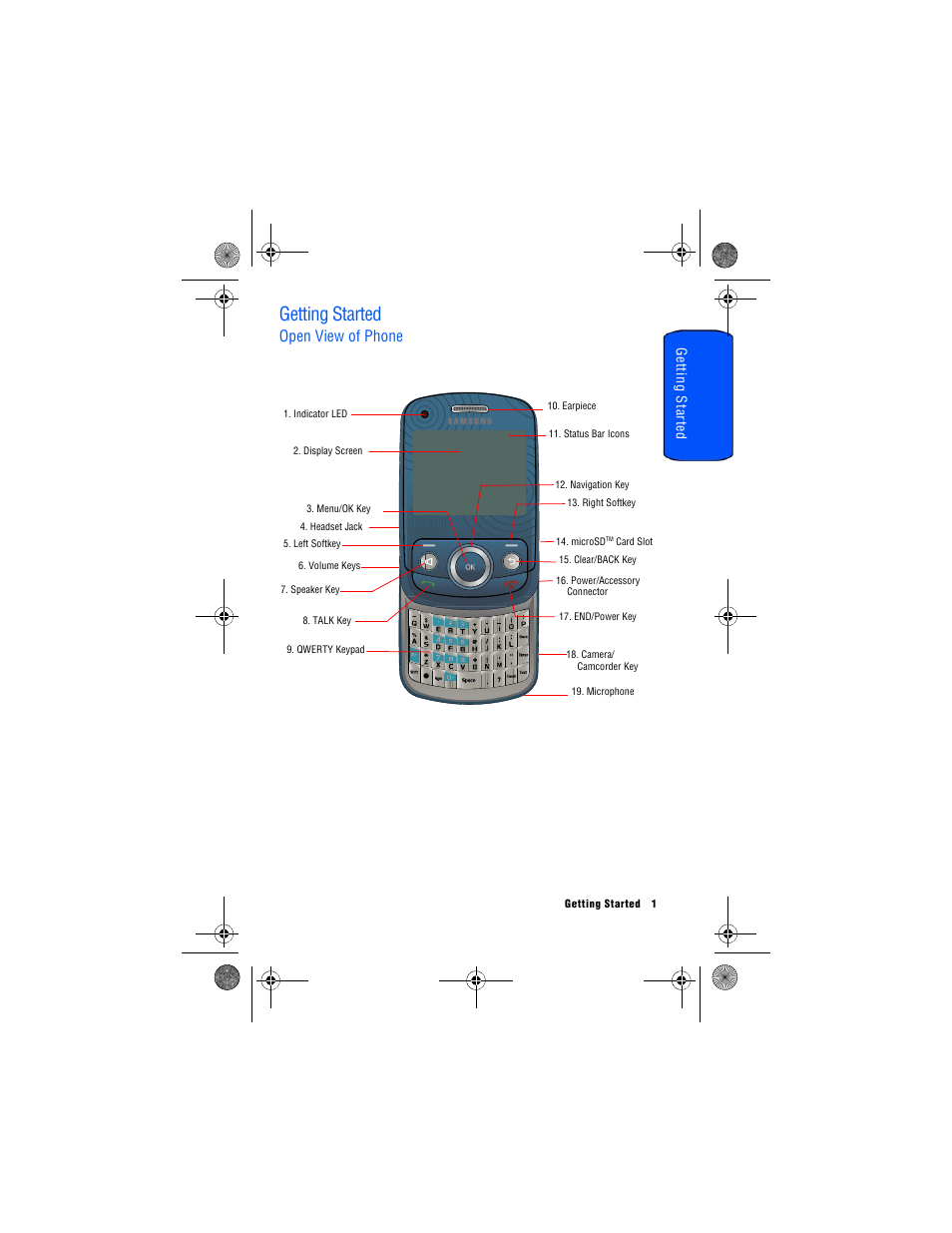 Getting started, Open view of phone | Samsung SPH-M560 User Manual | Page 7 / 117