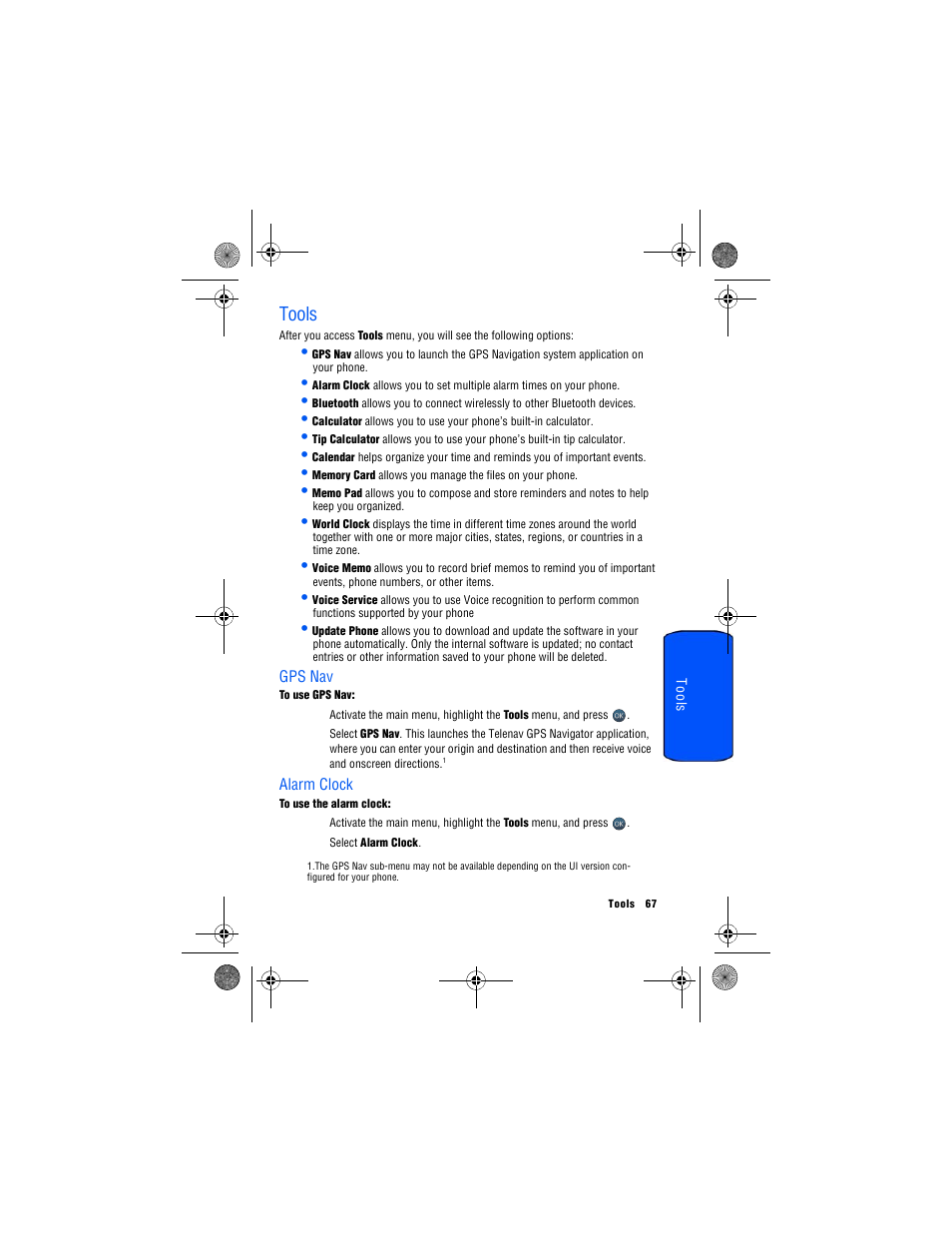 Tools, Gps nav, Alarm clock | Samsung SPH-M560 User Manual | Page 73 / 117
