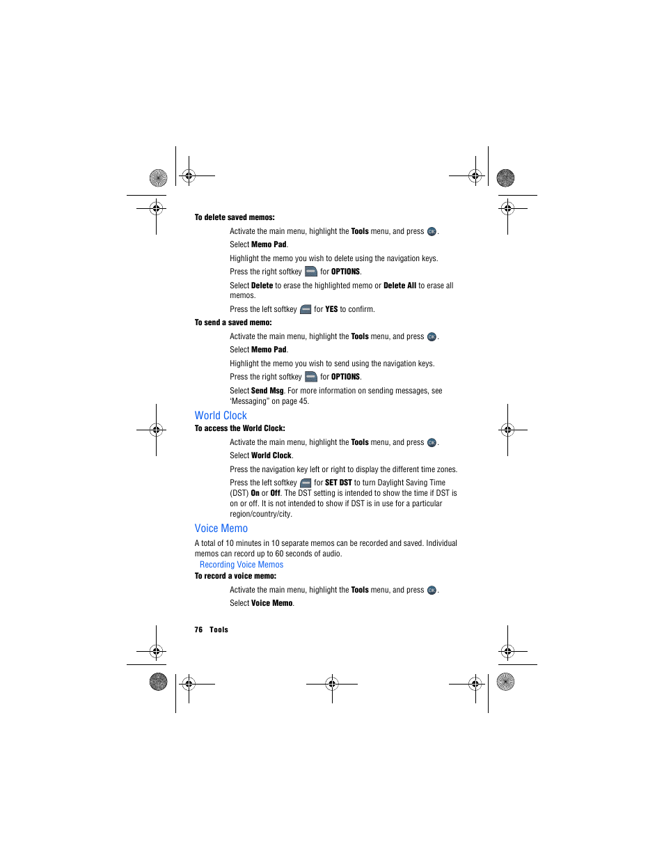 World clock, Voice memo, Recording voice memos | Samsung SPH-M560 User Manual | Page 82 / 117