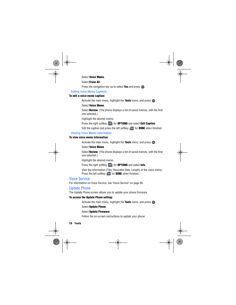 Editing voice memo captions, Viewing voice memo information, Voice service | Update phone | Samsung SPH-M560 User Manual | Page 84 / 117