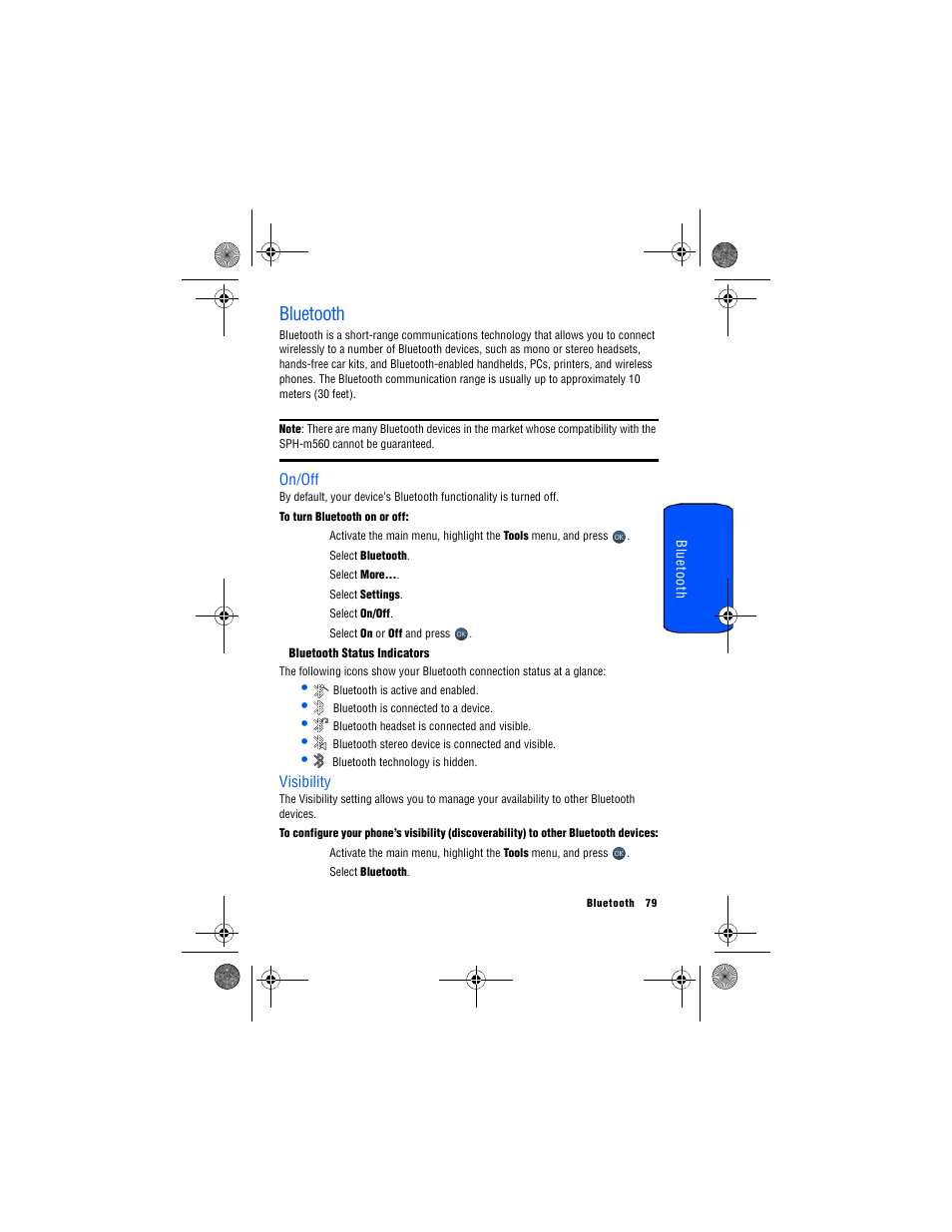 Bluetooth, On/off, Visibility | Samsung SPH-M560 User Manual | Page 85 / 117