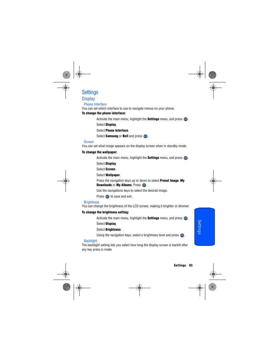 Settings, Display, Phone interface | Screen, Brightness, Backlight | Samsung SPH-M560 User Manual | Page 89 / 117