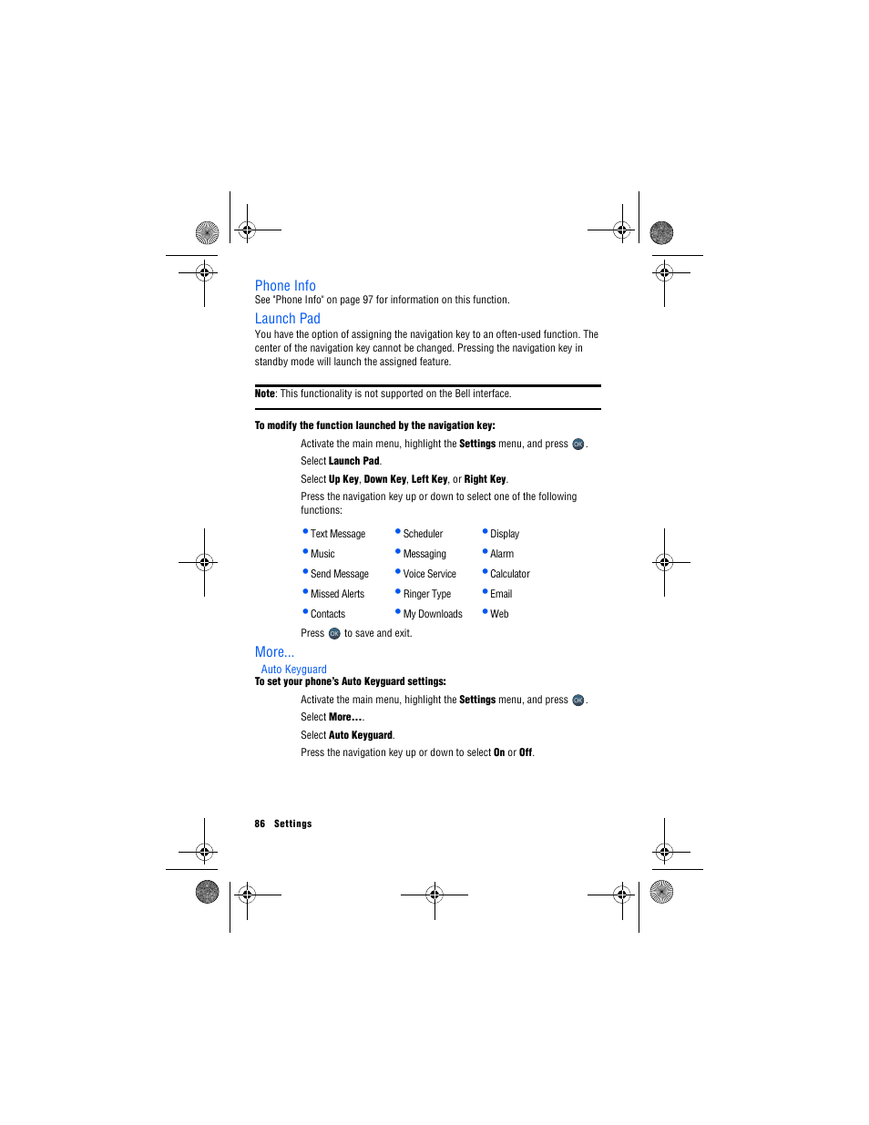 Phone info, Launch pad, More | Auto keyguard | Samsung SPH-M560 User Manual | Page 92 / 117