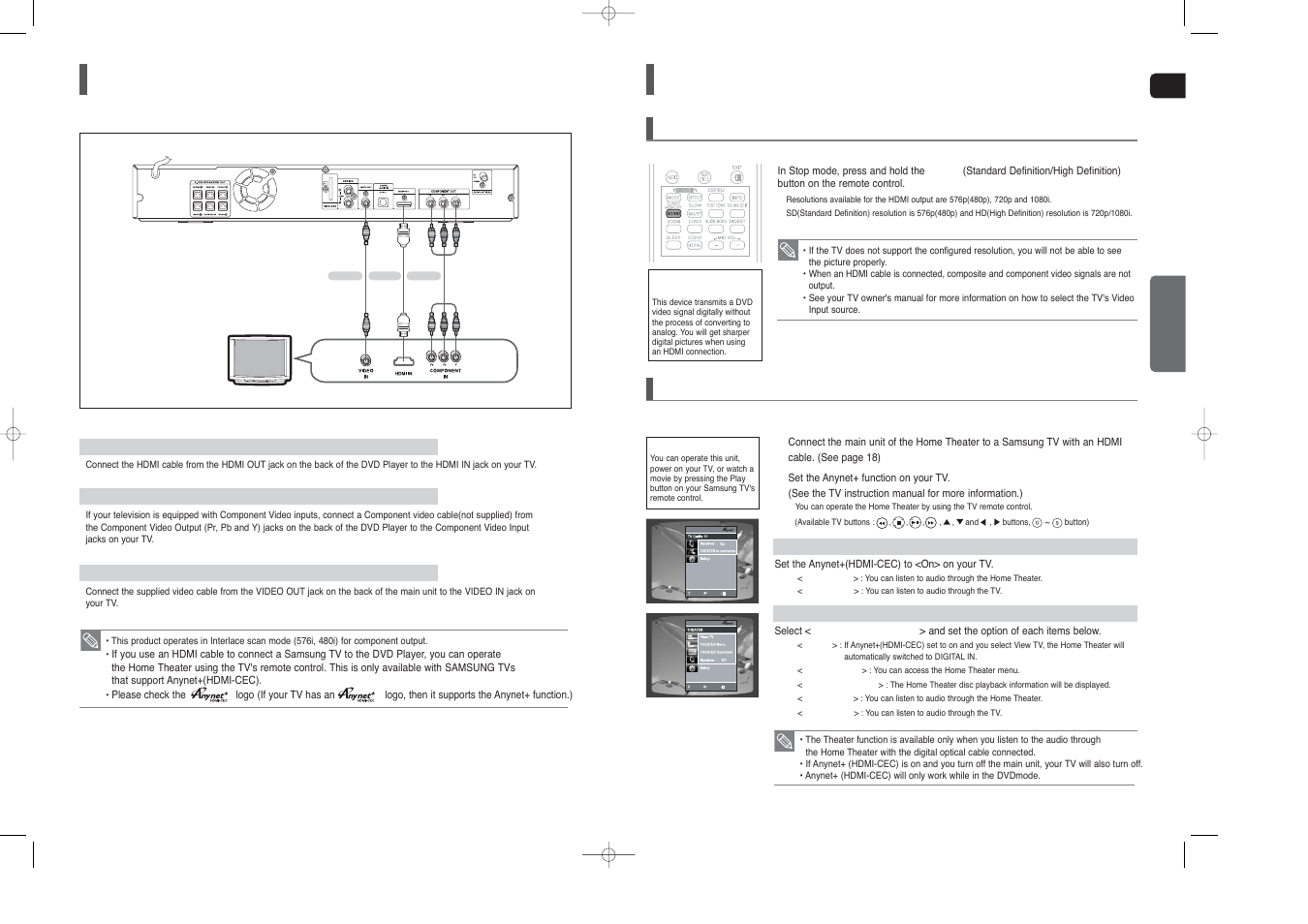 Connecting the video out to your tv, Hdmi function, Resolution selection | Using anynet+(hdmi-cec), Eng connections | Samsung HT-TX45 User Manual | Page 10 / 34