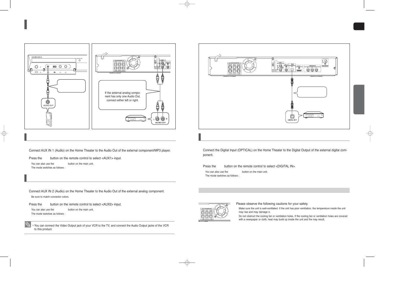 Connecting audio from external components, Optical : connecting an external digital component, Aux2 : connecting an external analog component | Aux1 : connecting an external component/mp3 player | Samsung HT-TX45 User Manual | Page 11 / 34