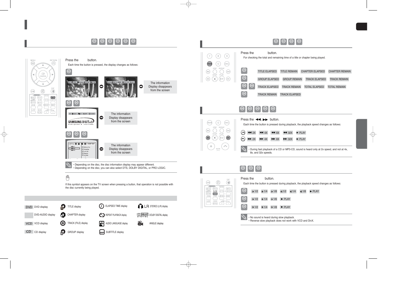 Using the playback function, Checking the remaining time, Fast playback | Slow playback, Displaying disc information, Eng opera tion | Samsung HT-TX45 User Manual | Page 16 / 34