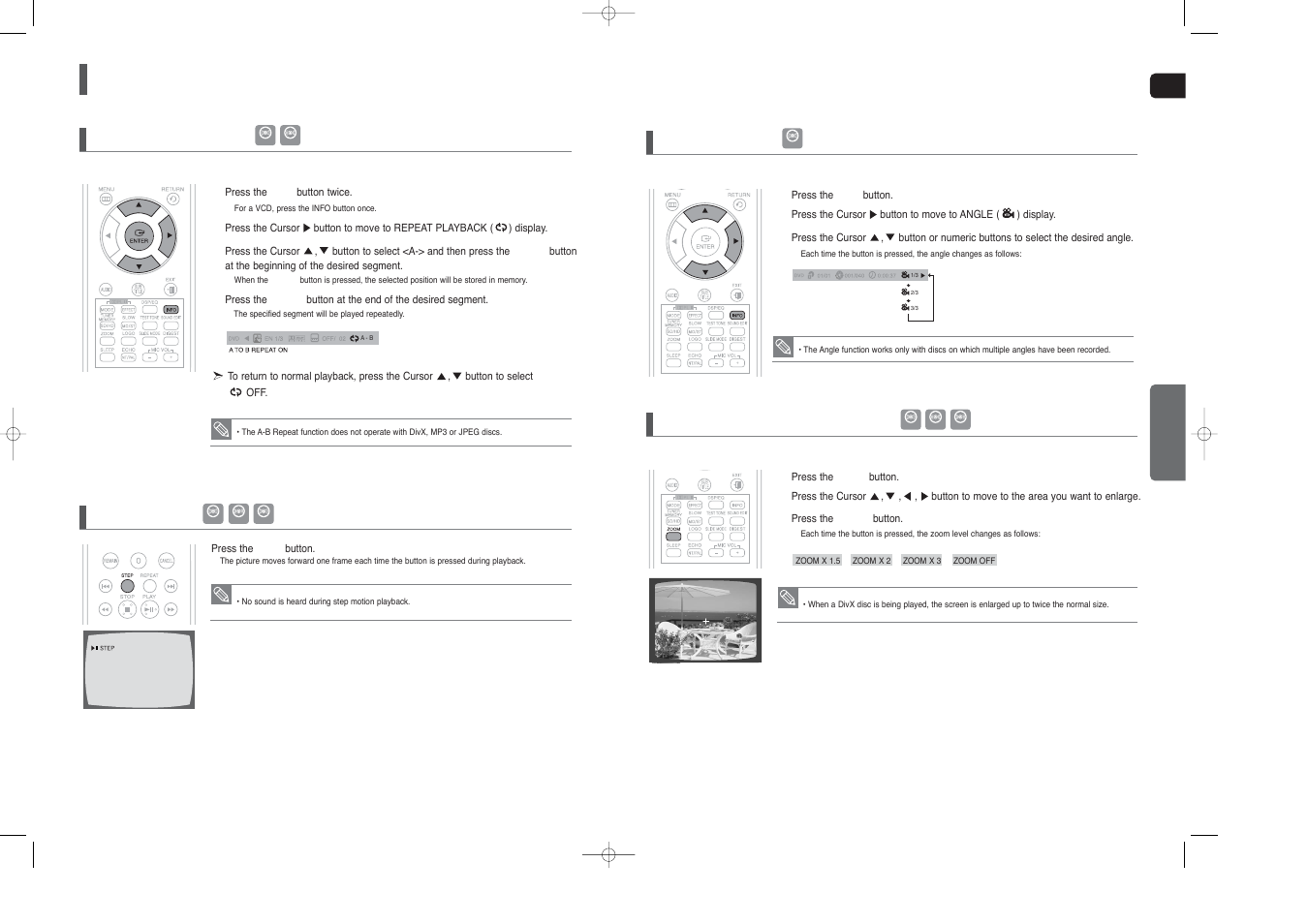 Using the playback function, Con’t), Angle function | Zoom (screen enlarge) function, A-b repeat playback, Step function | Samsung HT-TX45 User Manual | Page 18 / 34