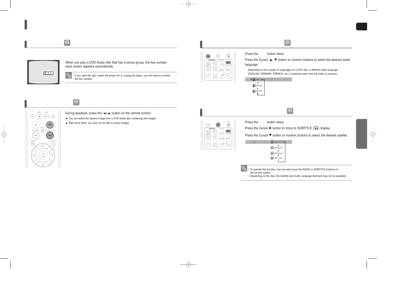 Using the playback function, Con’t), Audio language selection function | Subtitle language selection function, Bonus group, Navigating pages | Samsung HT-TX45 User Manual | Page 19 / 34