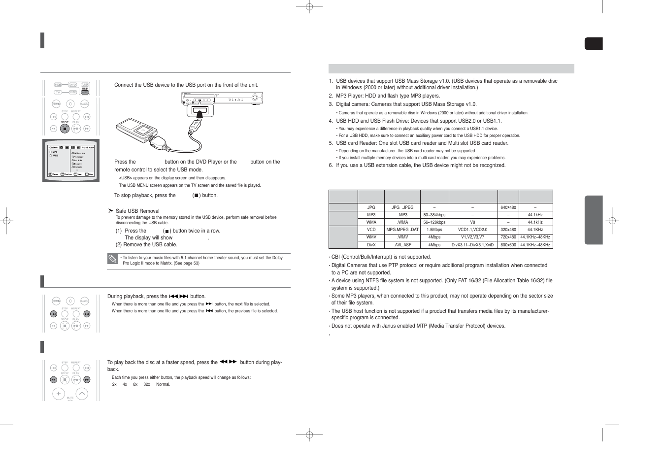 Playing media files using the usb host feature, Skip forward/back, Fast playback | Samsung HT-TX45 User Manual | Page 21 / 34