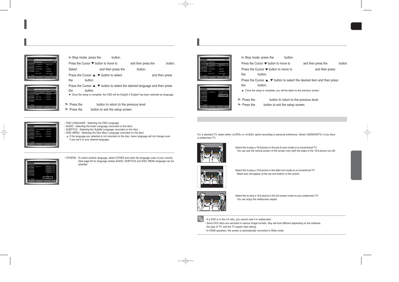 Settings, Setting the language, Setting tv screen type | Samsung HT-TX45 User Manual | Page 22 / 34