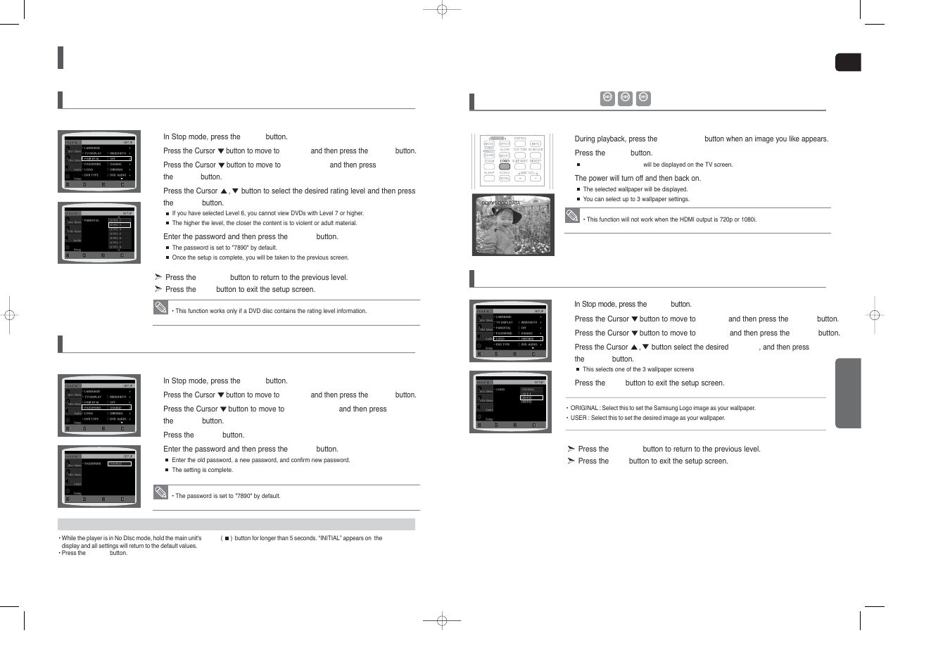 Settings, Con’t), Setting parental controls (rating level) | Setting the password | Samsung HT-TX45 User Manual | Page 23 / 34