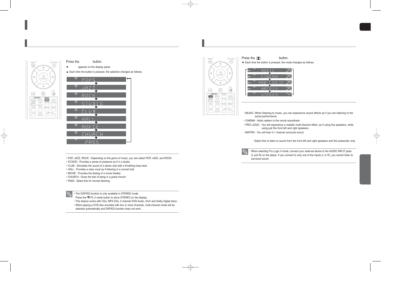 Settings, Con’t), Sound field (dsp)/eq function | Dolby pro logic ii mode | Samsung HT-TX45 User Manual | Page 27 / 34