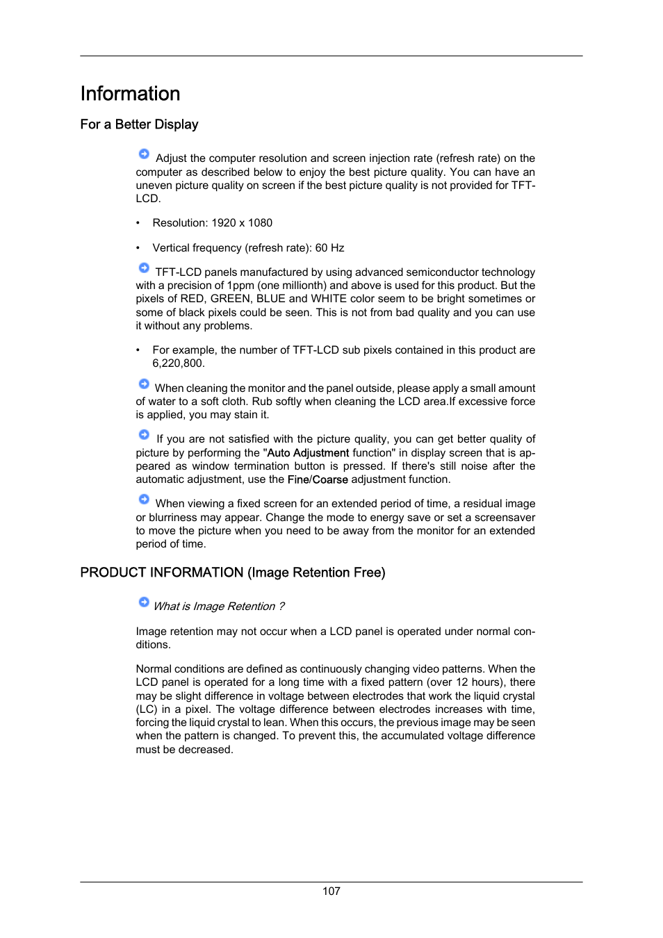 Information, For a better display, Product information (image retention free) | Samsung 400EX(N) User Manual | Page 150 / 159