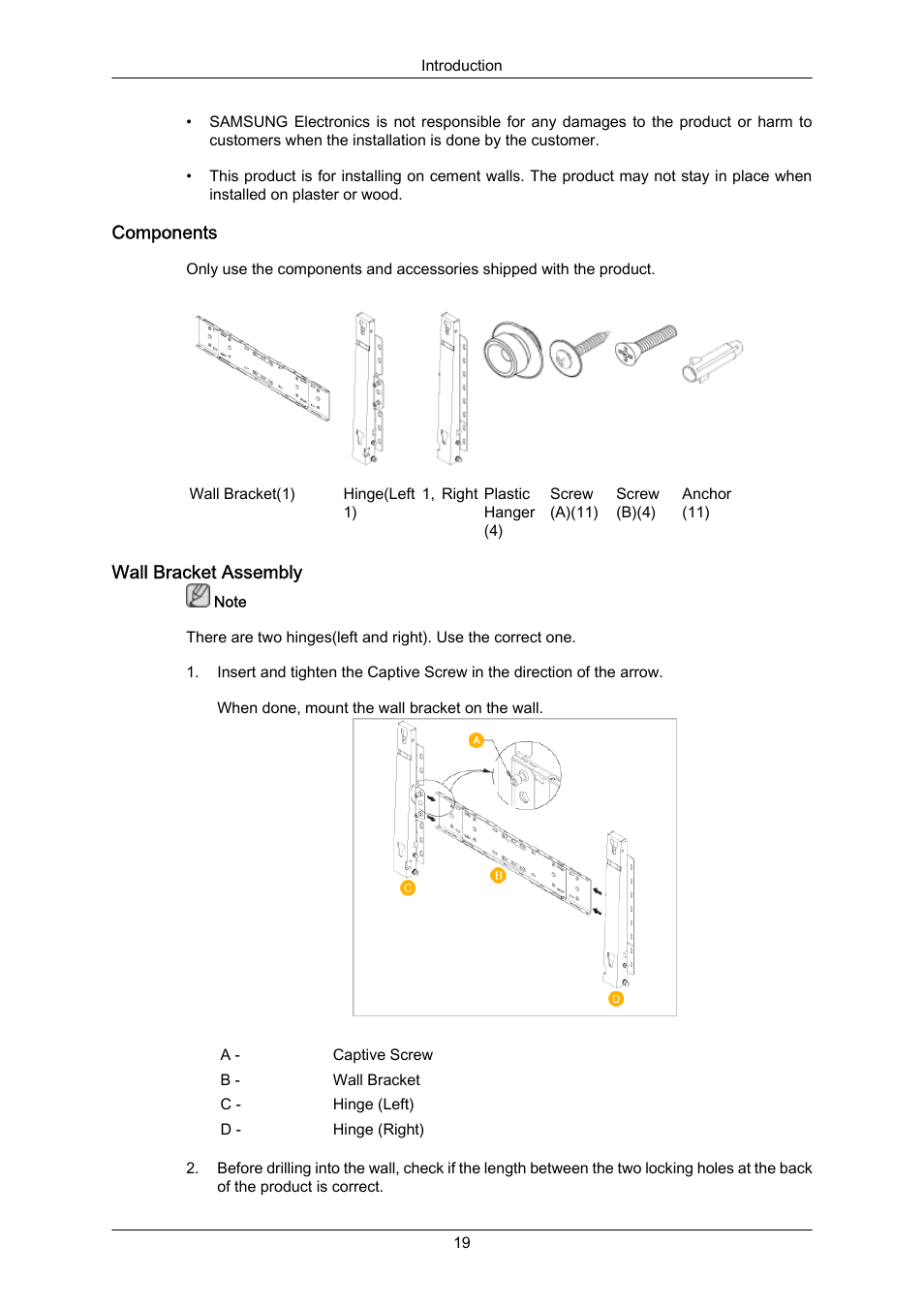 Components, Wall bracket assembly | Samsung 400EX(N) User Manual | Page 20 / 159