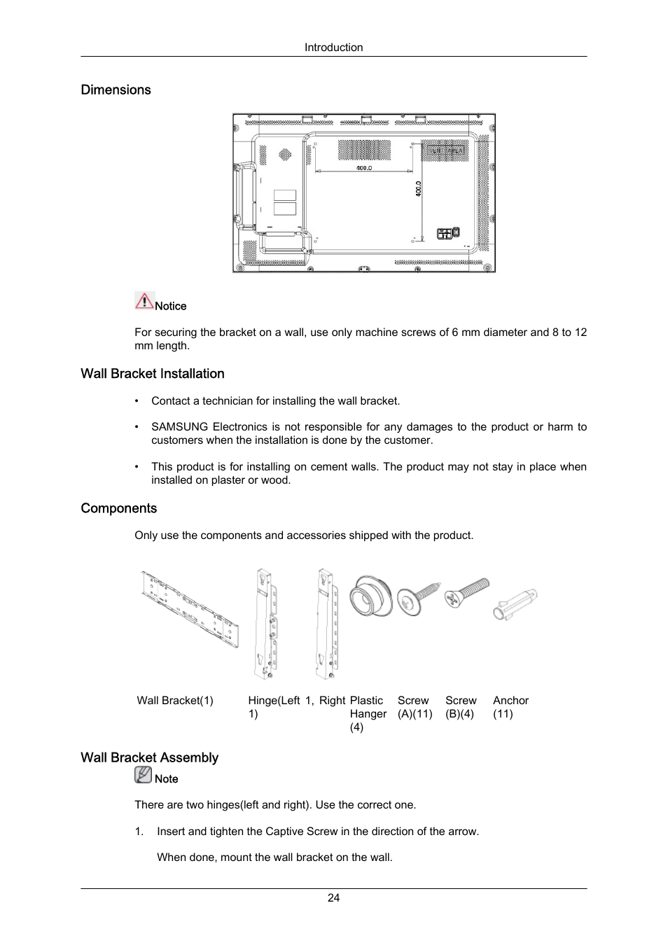 Dimensions, Wall bracket installation, Components | Wall bracket assembly | Samsung 400EX(N) User Manual | Page 25 / 159