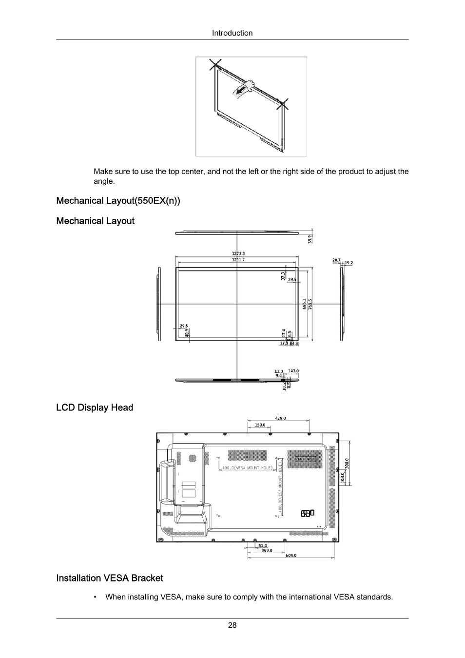 Mechanical layout(550ex(n)), Mechanical layout, Lcd display head | Installation vesa bracket | Samsung 400EX(N) User Manual | Page 29 / 159