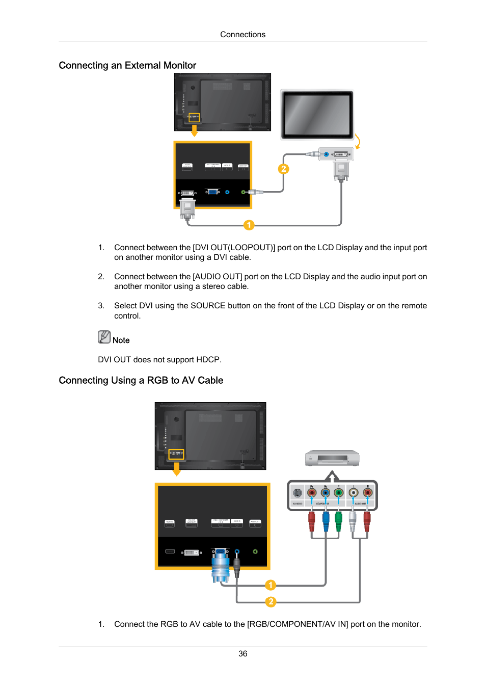 Connecting an external monitor, Connecting using a rgb to av cable | Samsung 400EX(N) User Manual | Page 37 / 159