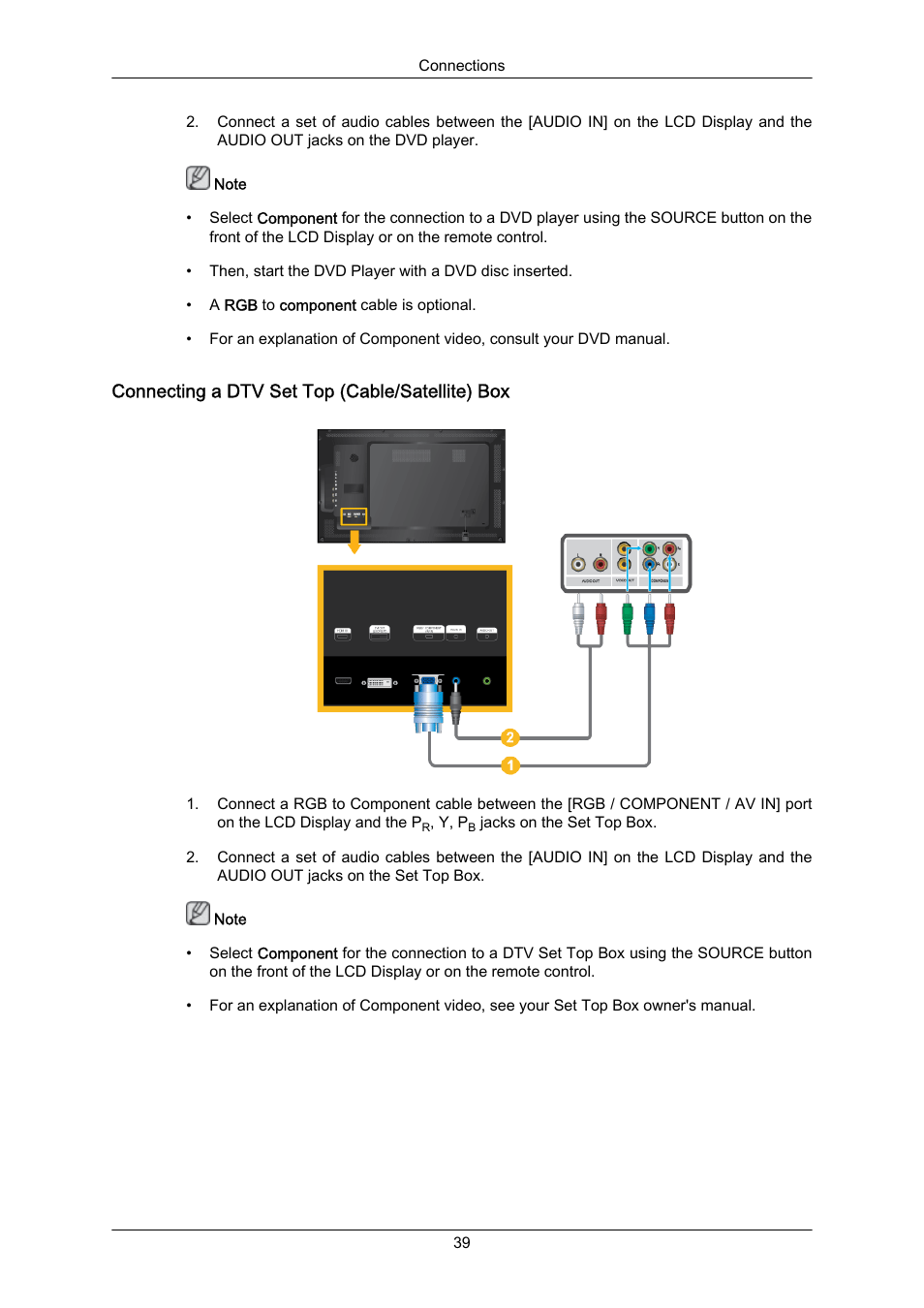 Connecting a dtv set top (cable/satellite) box | Samsung 400EX(N) User Manual | Page 40 / 159