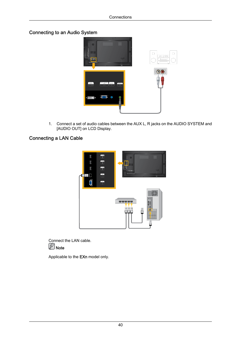 Connecting to an audio system, Connecting a lan cable | Samsung 400EX(N) User Manual | Page 41 / 159